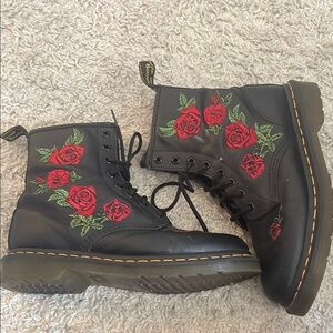 Dr. Martens Black Boots with Red Rose Embroidery